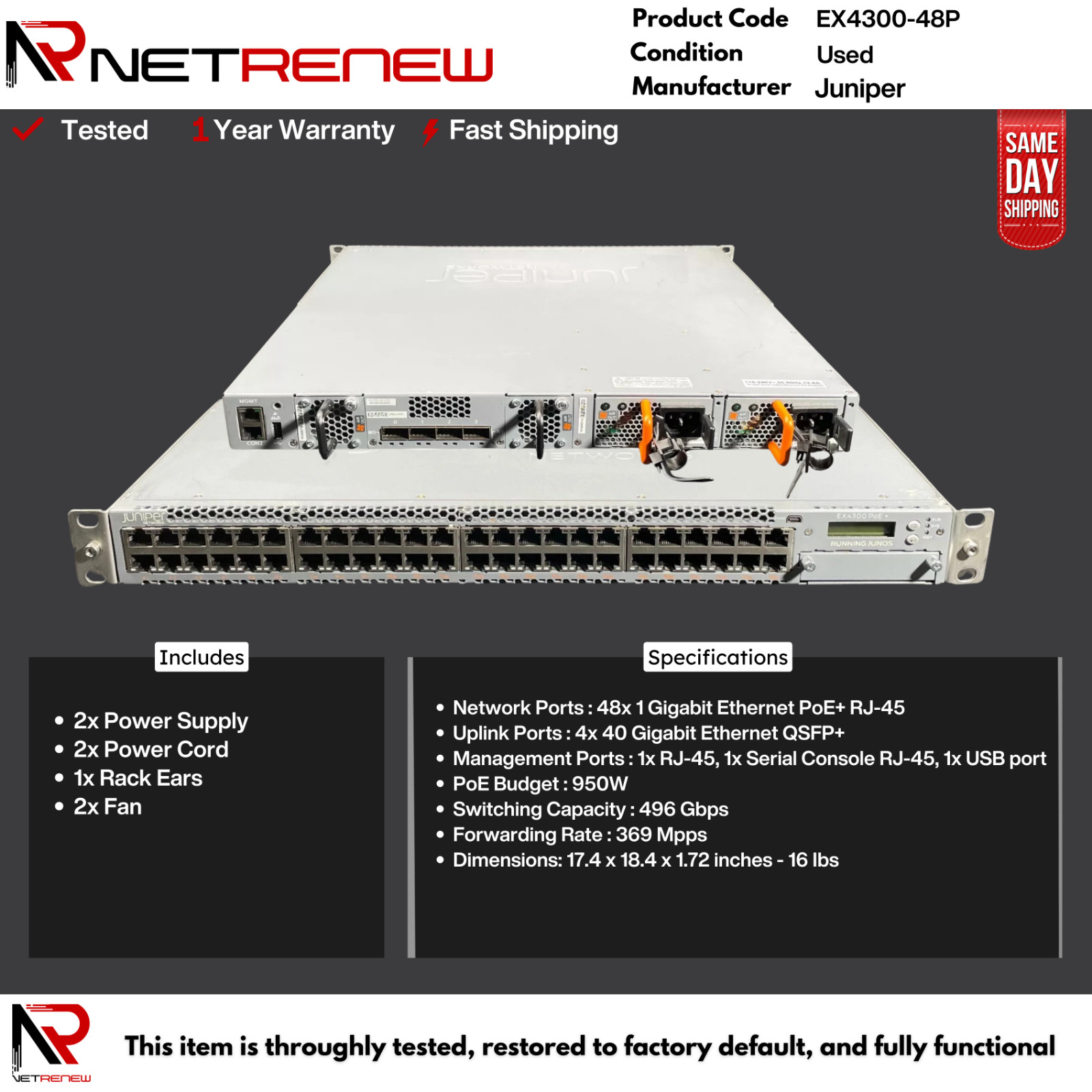 Juniper EX4300-48P 48-Port PoE+ Gigabit Ethernet Switch, 1U, Dual Power Supply