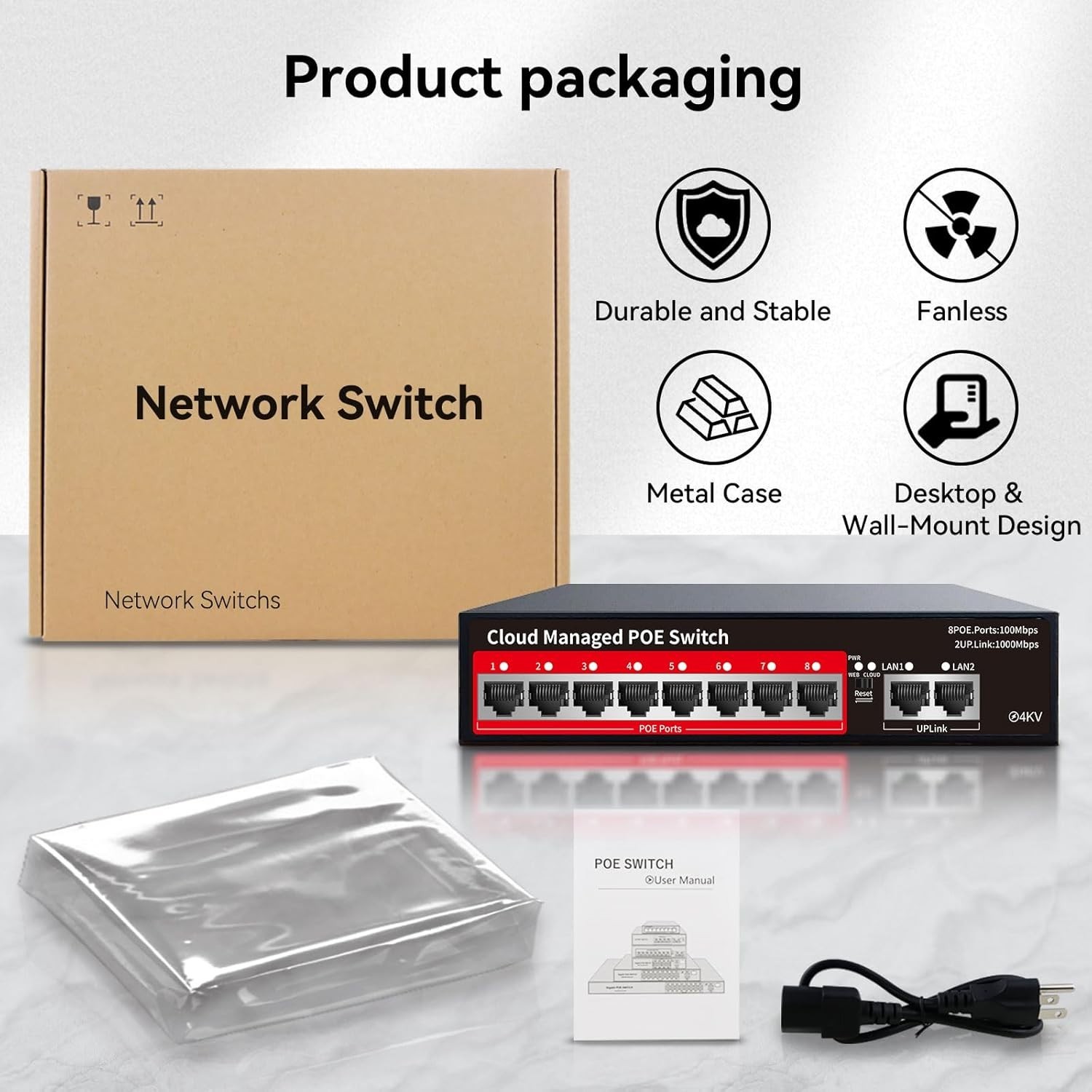 Compact 8 Port Managed Ethernet PoE Switch – 120W, Fanless, Wall Mountable