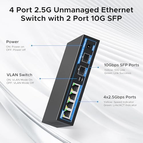 Network Ethernet Switch,2.5 Gigabit Portable, Plug&Play,Fanless Housing,Black…