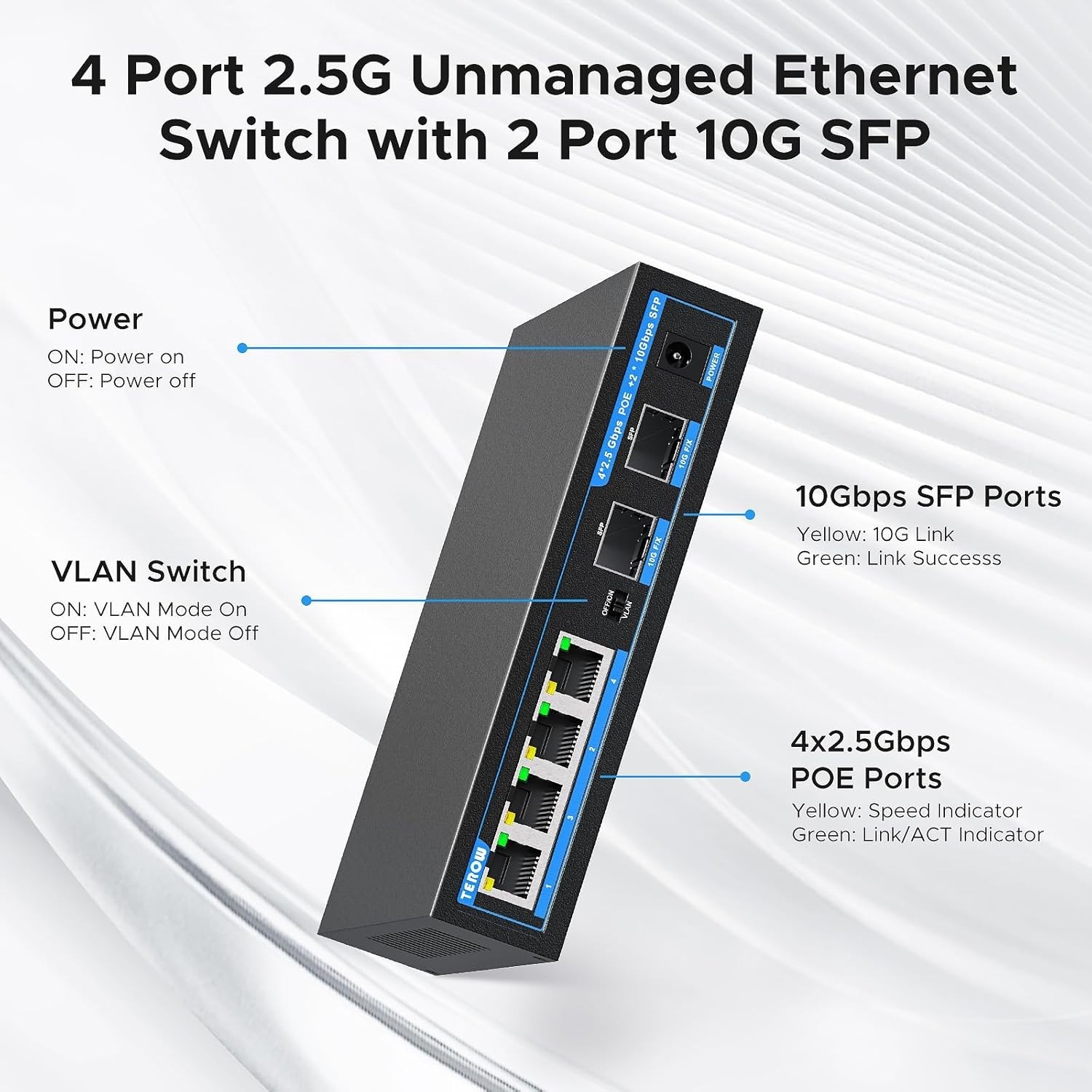 4 Port 2.5Gb PoE+ Ethernet Switch with 10Gb SFP+ – Plug & Play for Home/Office