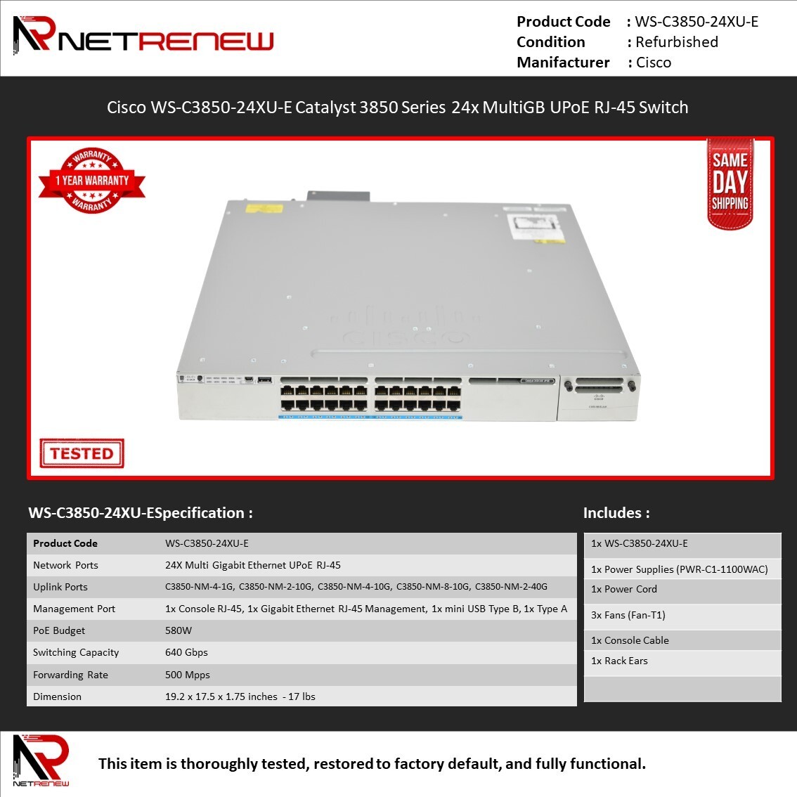 Cisco WS-C3850-24XU-E Catalyst 3850 Series 24x MultiGB UPoE RJ-45 Switch