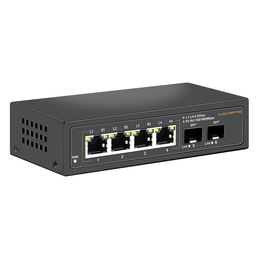 2.5G Unmanaged Ethernet Switch 4×2.5G BaseT 2x10G SFP Uplink Fanless Metal