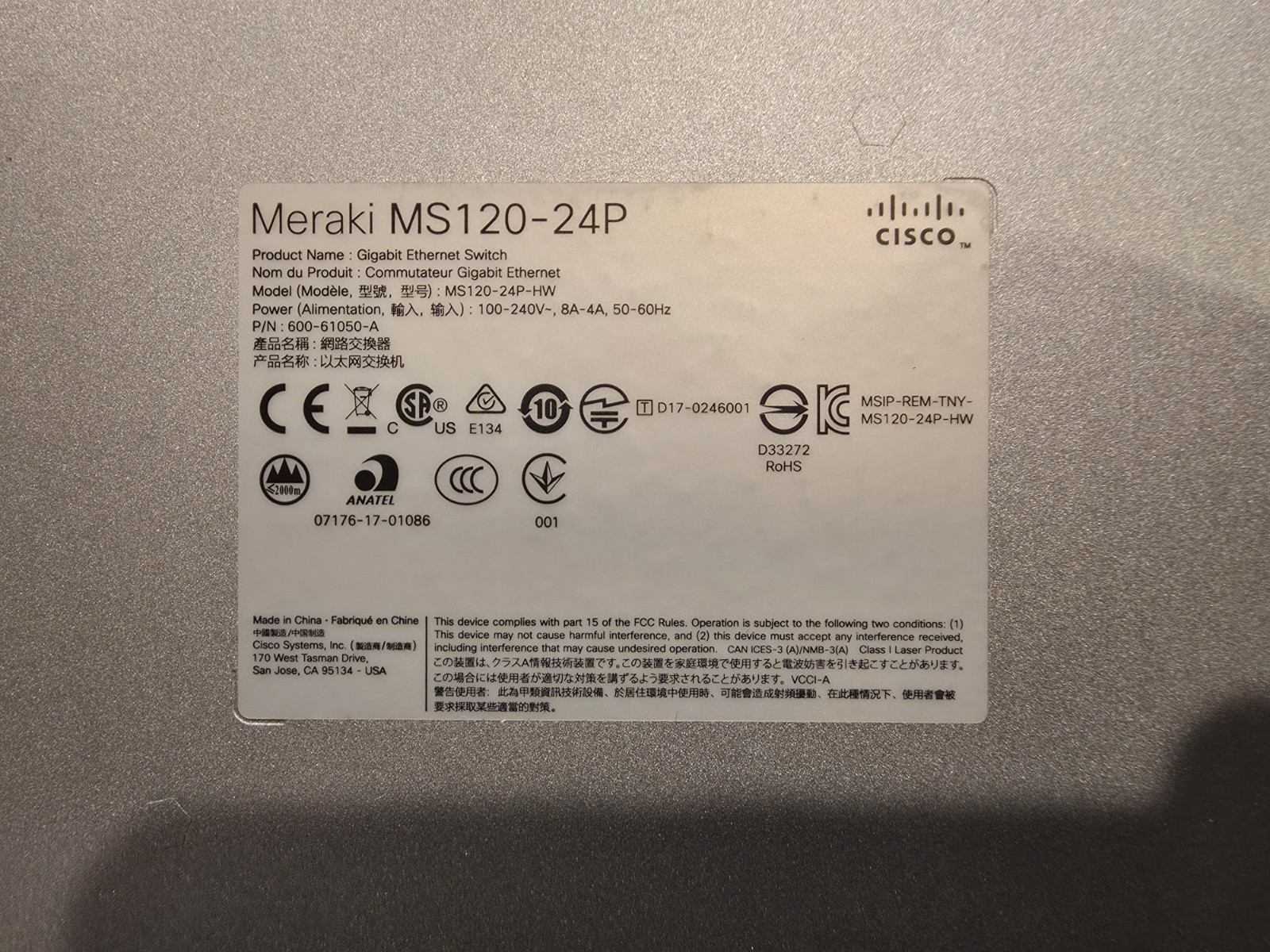 Cisco Meraki MS120-24P-HW 24-Port Rackable Ethernet PoE Switch Cloud Managed