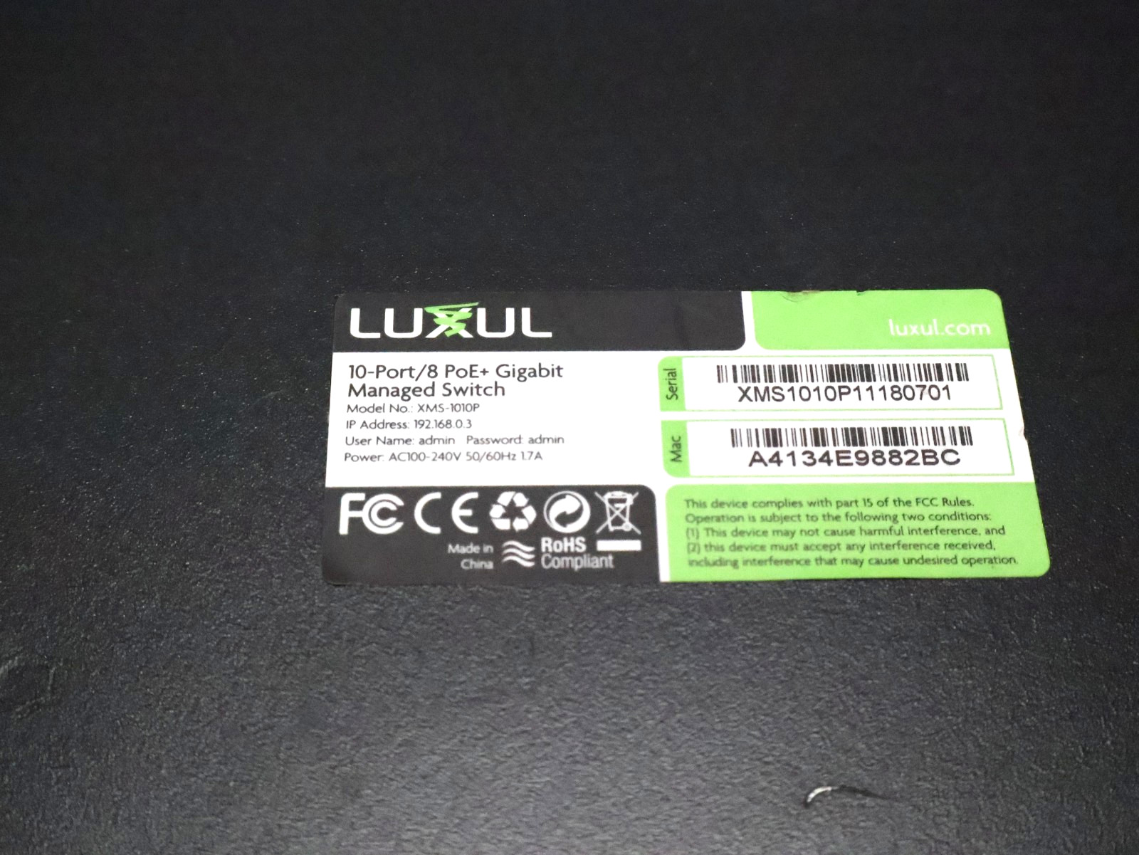 Luxul XMS-1010P 10-Port (8 PoE+) Gigabit Managed Ethernet Switch w/ Power Cord