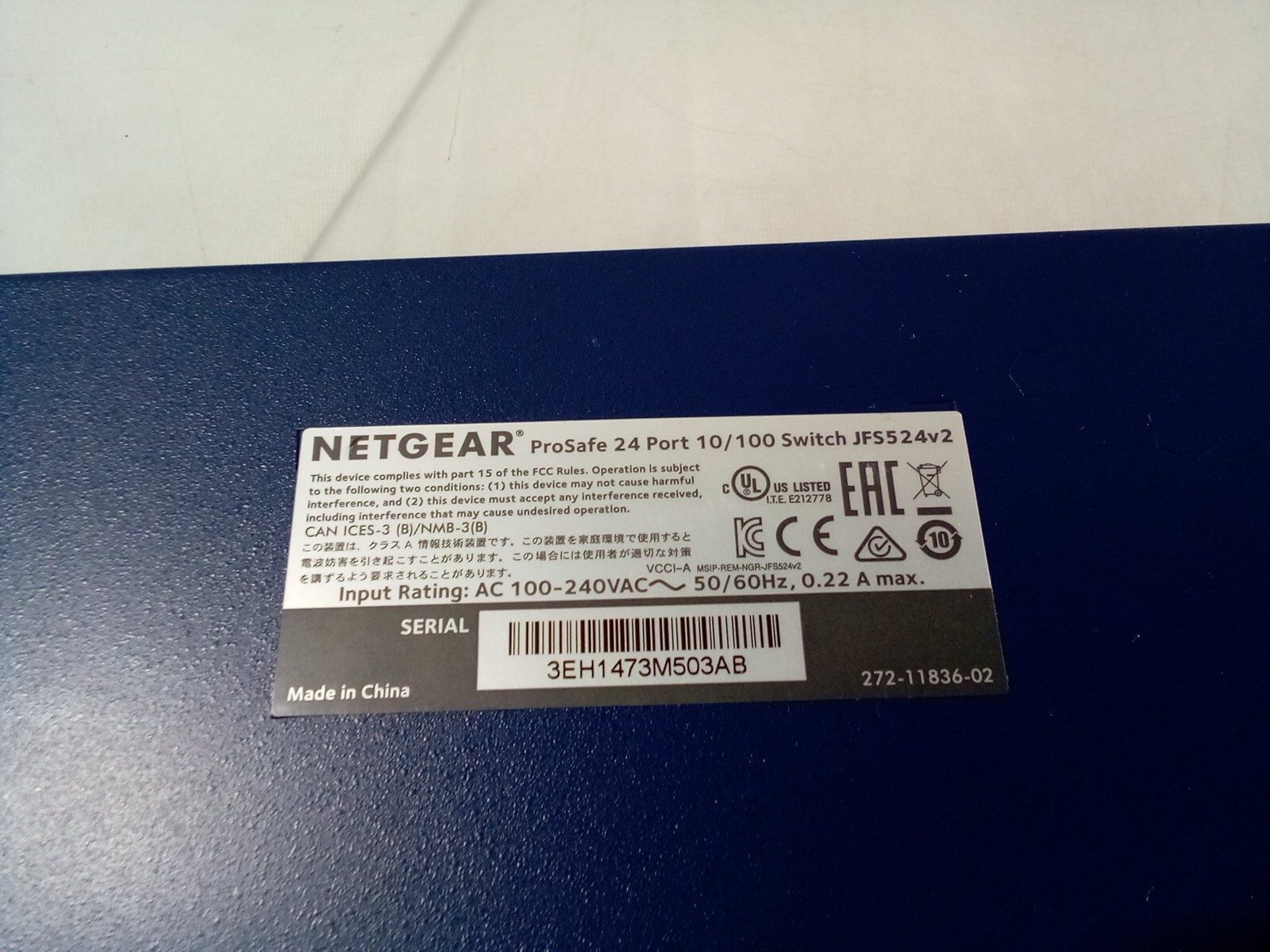 NetGear ProSafe 24 Port 10/100 Switch JFS524v2