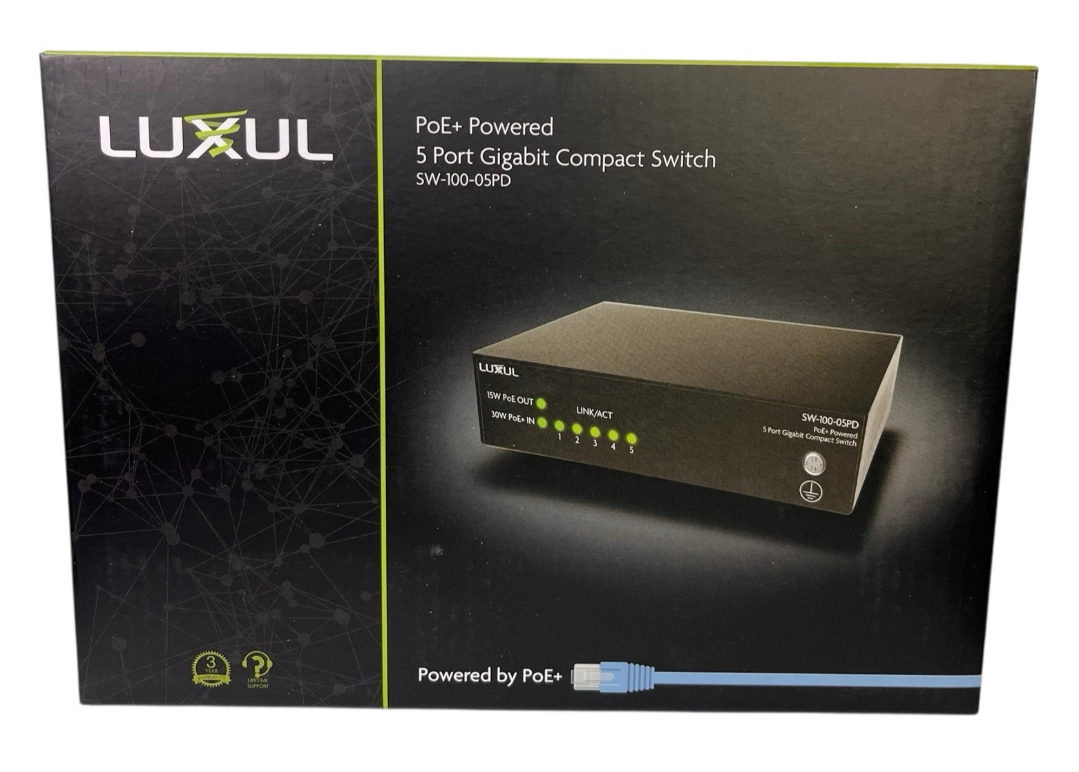 NIB Luxul PoE+ Powered 5 Port Gigabit Compact Switch SW-100-05PD Black