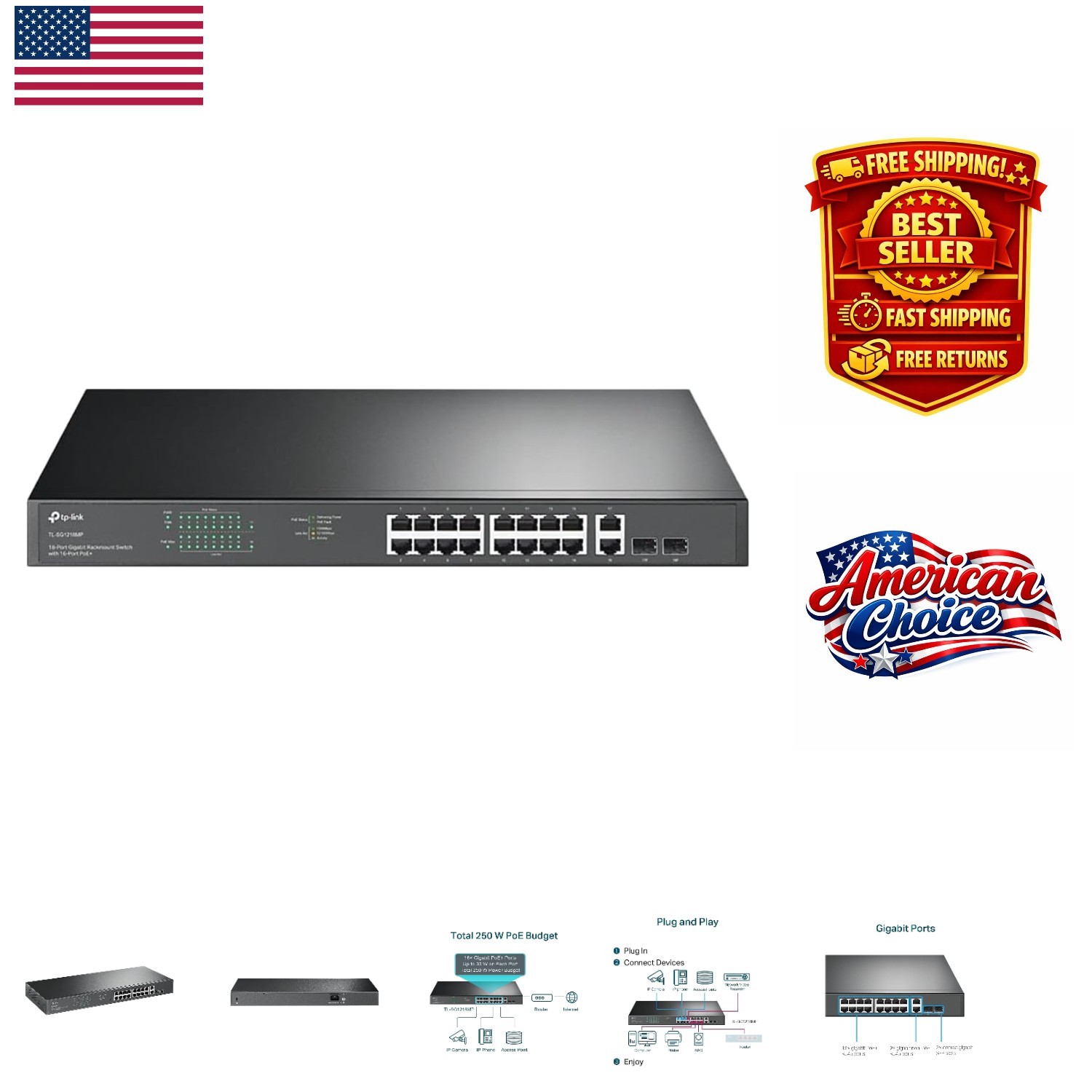16 Port PoE+ Switch with 250W, High-Speed Connections, Metal Casing, Plug & Play