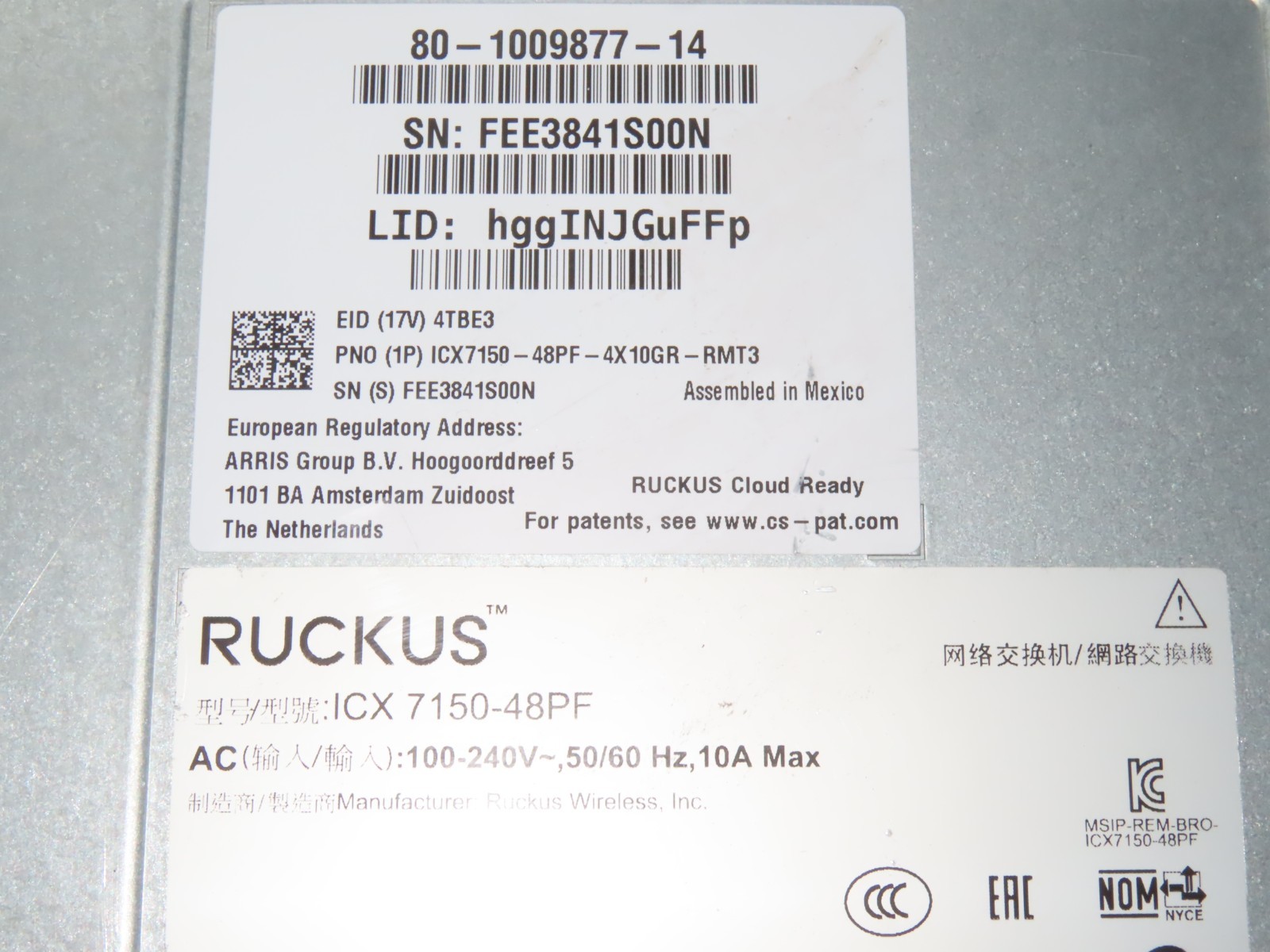 Ruckus Brocade ICX7150-48PF-4X10GR-RMT3 48 Port 740 Watt PoE+ 4 X SFP Switch
