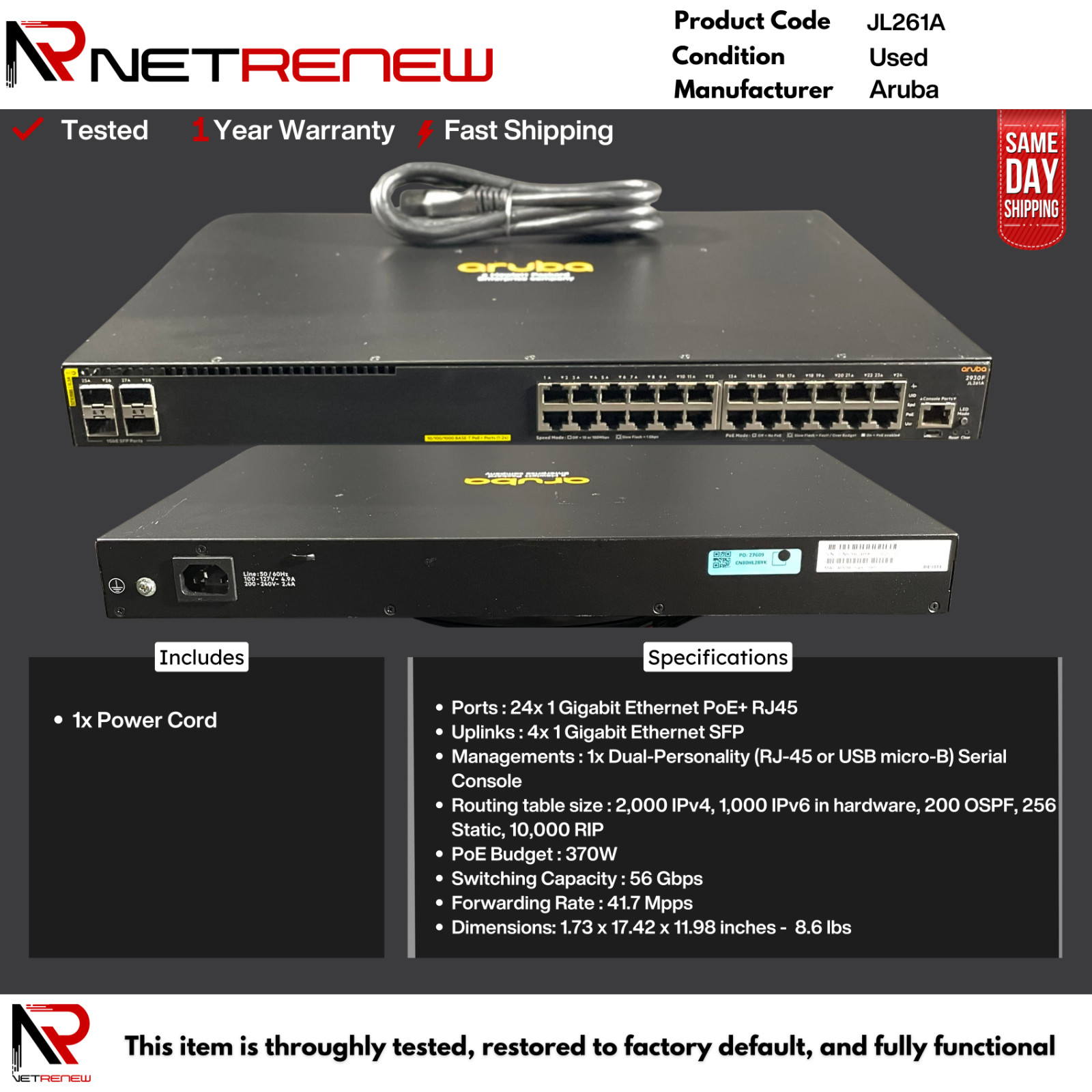 HPE JL261A Aruba 2930F 24-Port Gigabit PoE Layer 3 Managed Network Switch