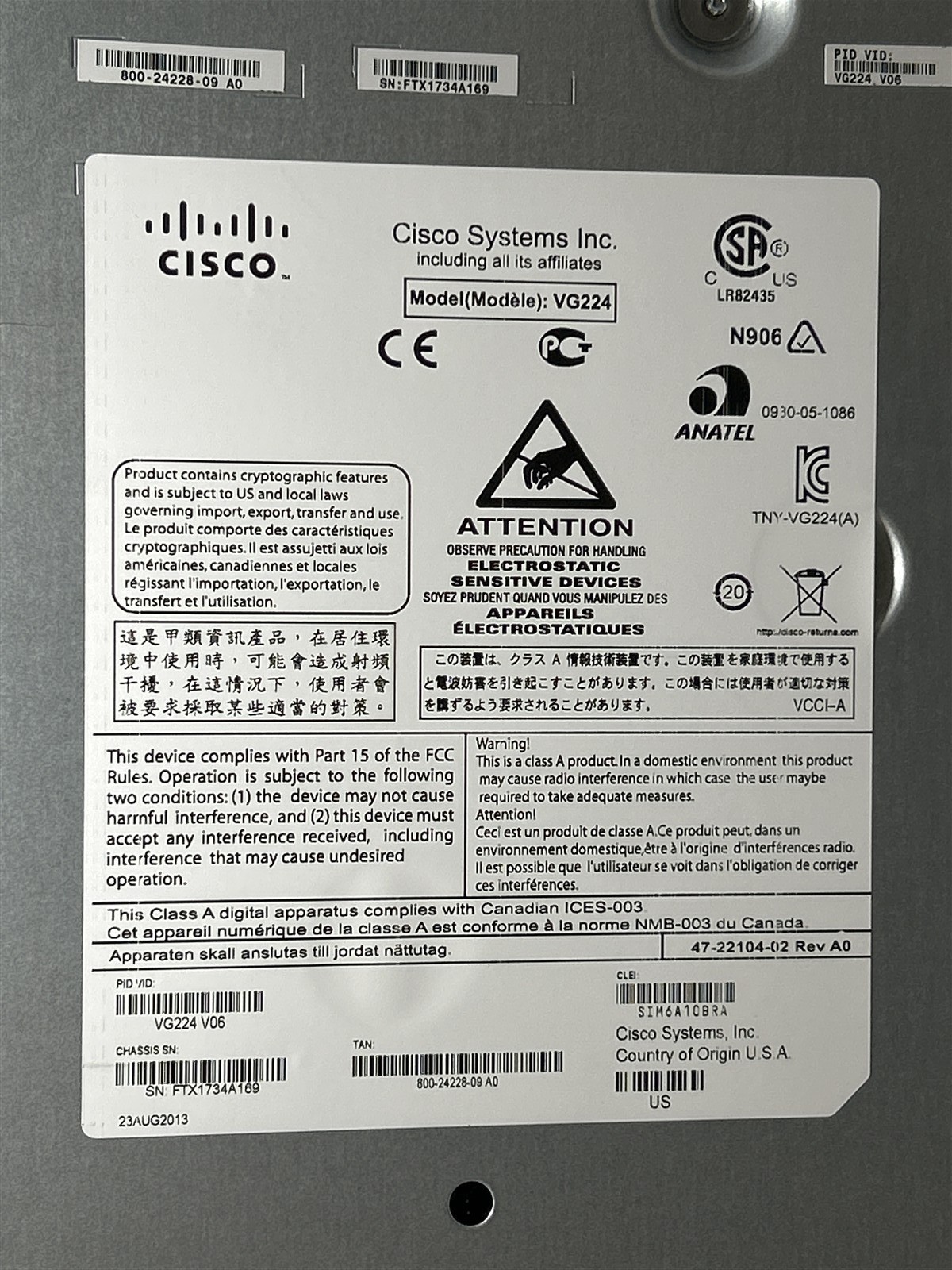 Cisco VG224 Fast Ethernet Voice Gateway Network Switch P/N VG224 V06