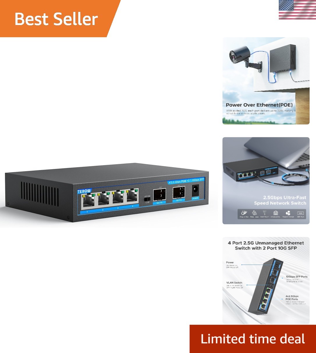4 Port 2.5Gb PoE+ Ethernet Switch with 10Gb SFP+ – Plug & Play for Home/Office