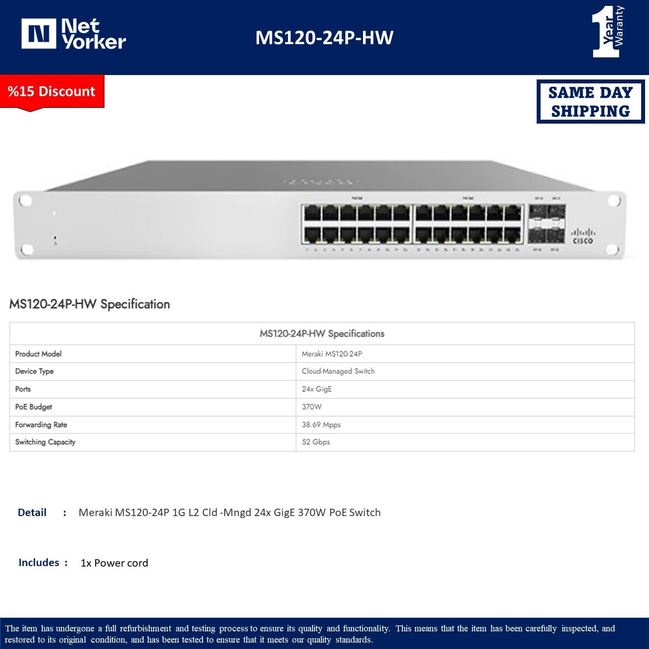 UNCLAIMED Cisco Meraki MS120-24P-HW – 24Ports Ethernet PoE Switch Same Day Ship