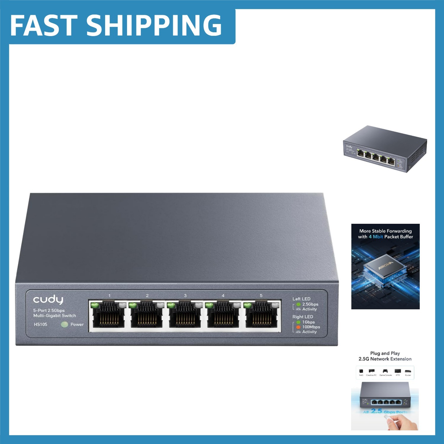 Fanless 5-Port Ethernet Switch – 2.5Gbps, Loop Detection & Eco-Friendly Design