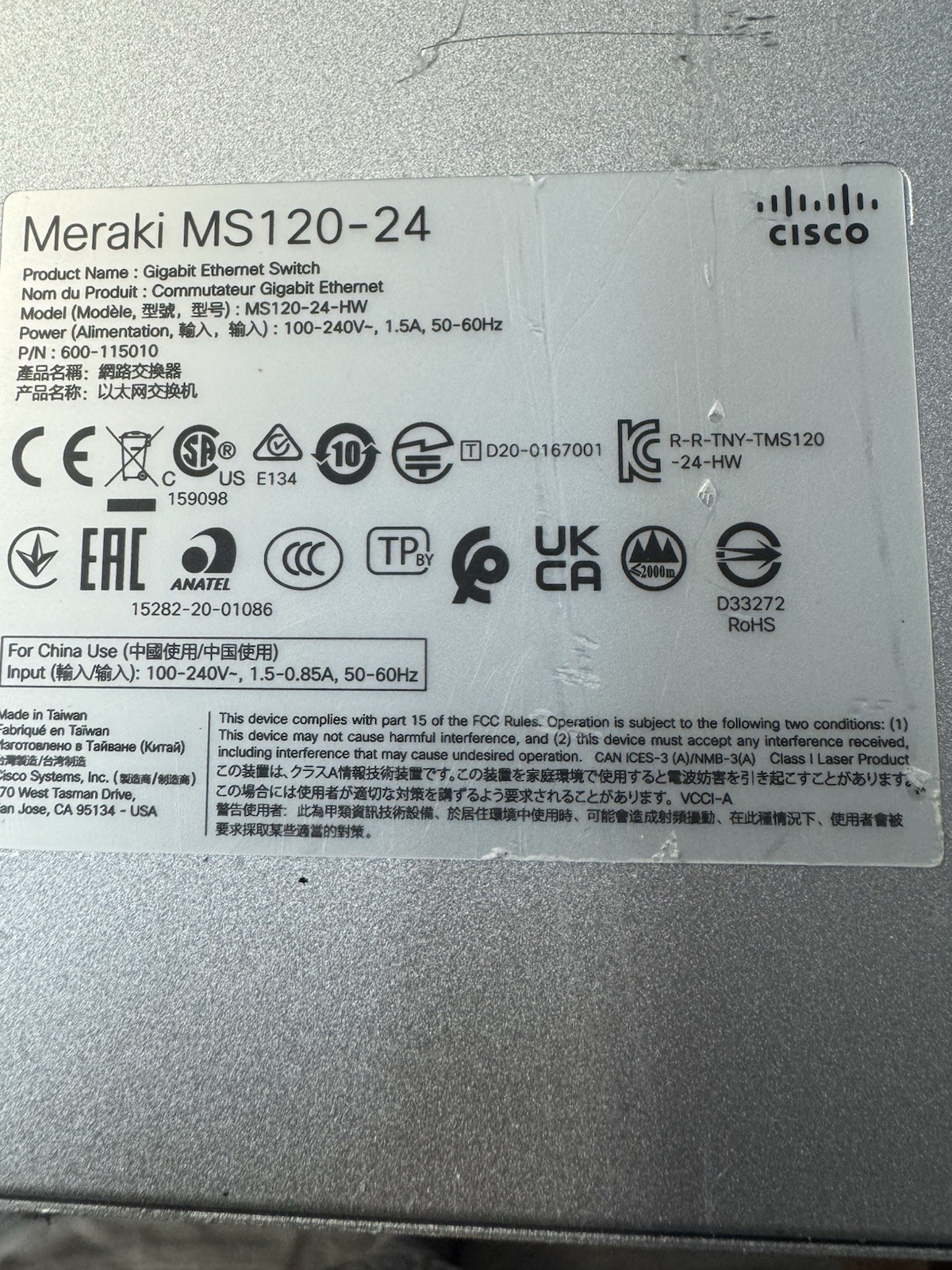Cisco Meraki MS120-24P-HW 24-Port Gigabit Cloud Managed PoE Switch UNCLAIMED