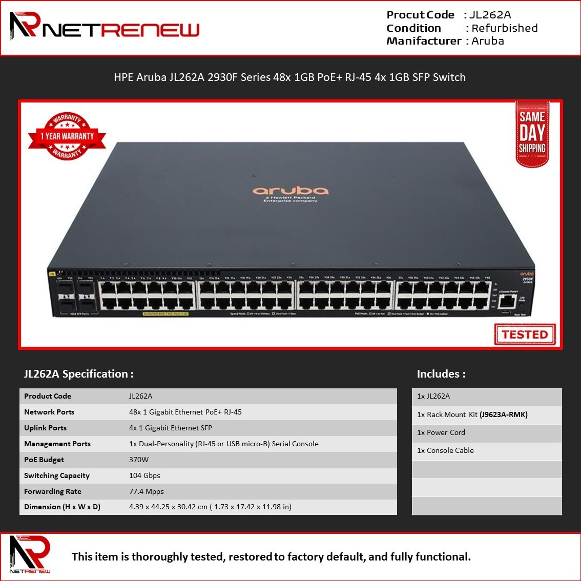HPE Aruba JL262A 2930F Series 48x 1GB PoE+ RJ-45 4x 1GB SFP Switch