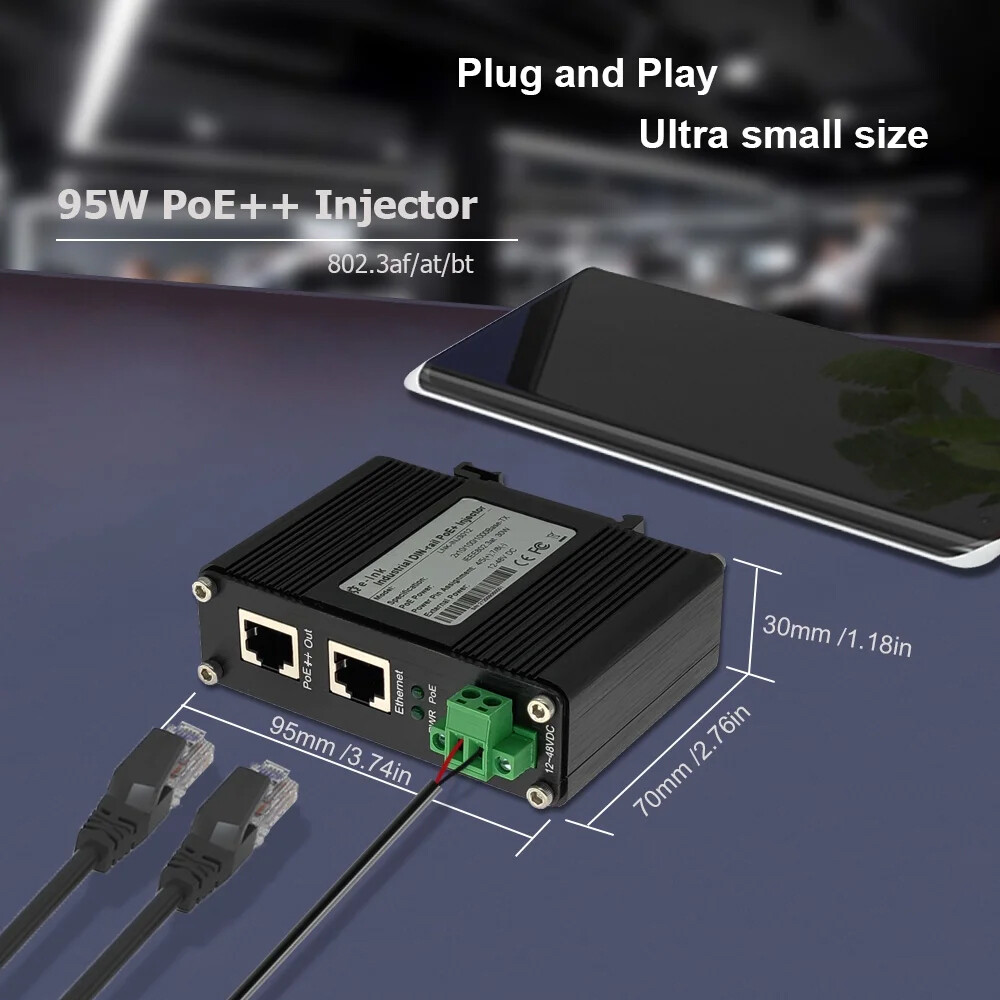 PoE Injector Industrial Gigabit 95W 802.3bt PoE++ Injector 12~48V DC PoE Adapter