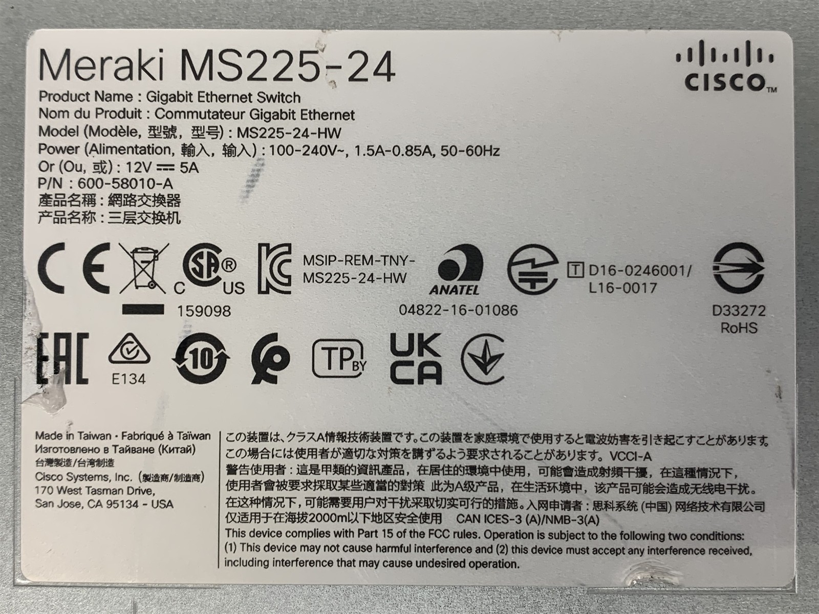 Cisco Meraki MS225-24-HW 24-Port GBE SFP+ Non-PoE Switch Unclaimed