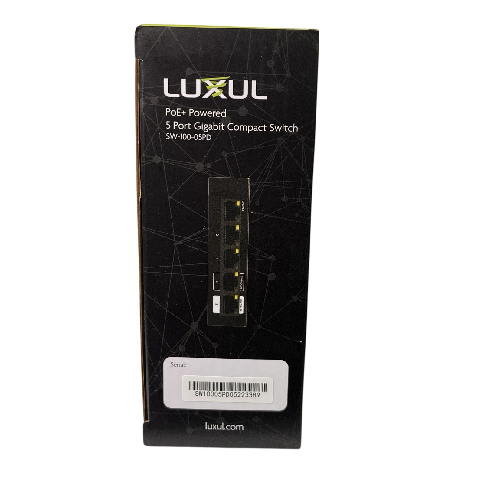 NIB Luxul PoE+ Powered 5 Port Gigabit Compact Switch SW-100-05PD Black