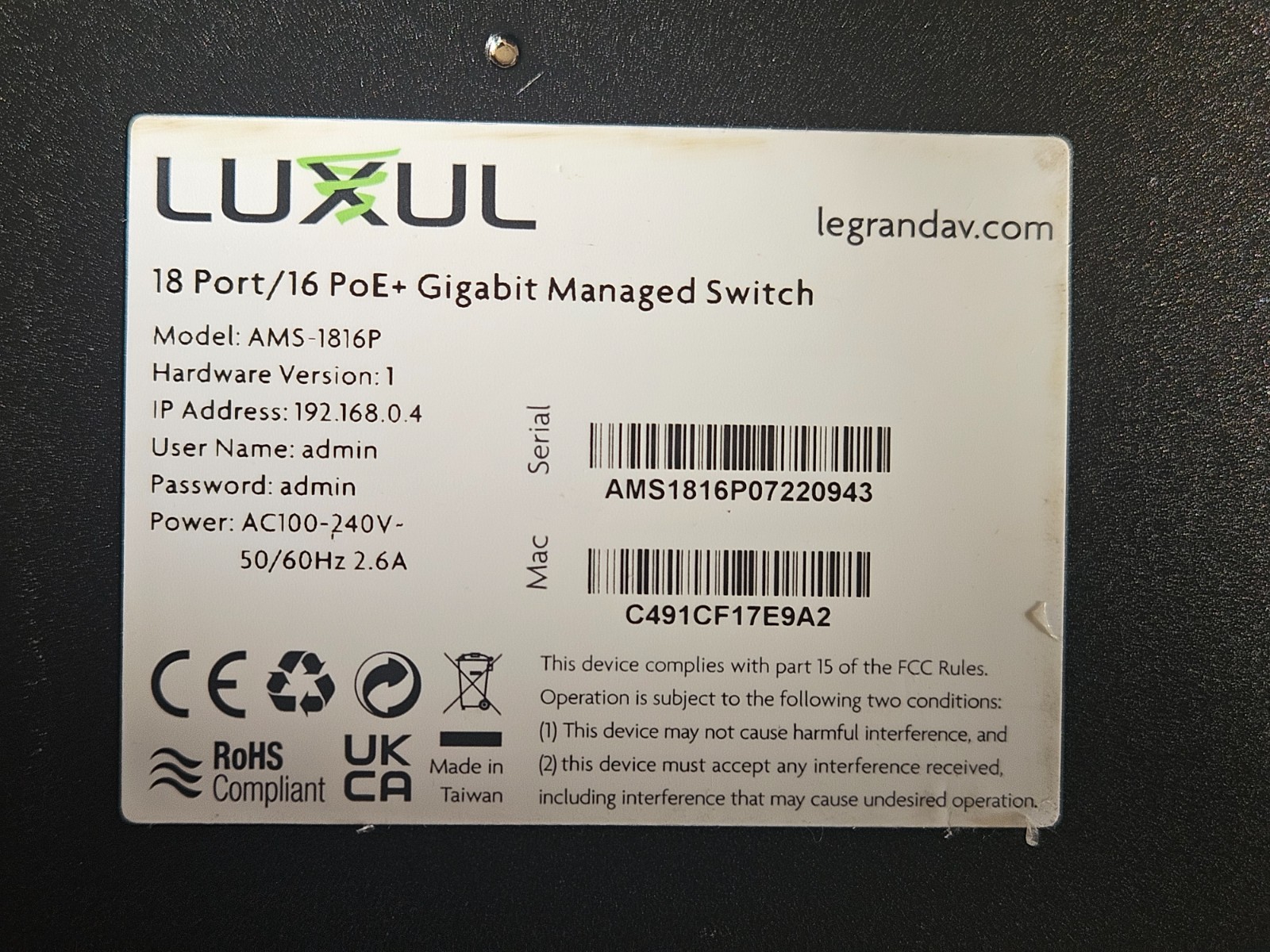Luxul AMS-1816P AV Series 18-Port 16 Gigabit PoE+ Ports L2/L3 Managed Switch