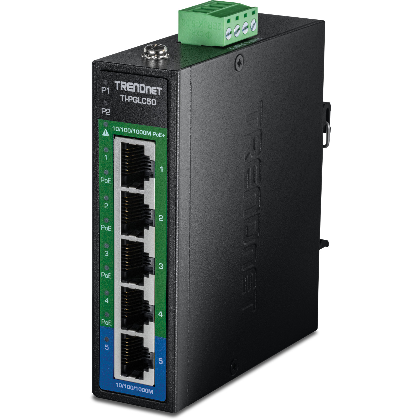 TRENDnet TI-PGLC50, 5-Port Industrial Gigabit PoE+ DIN-Rail Mini Switch