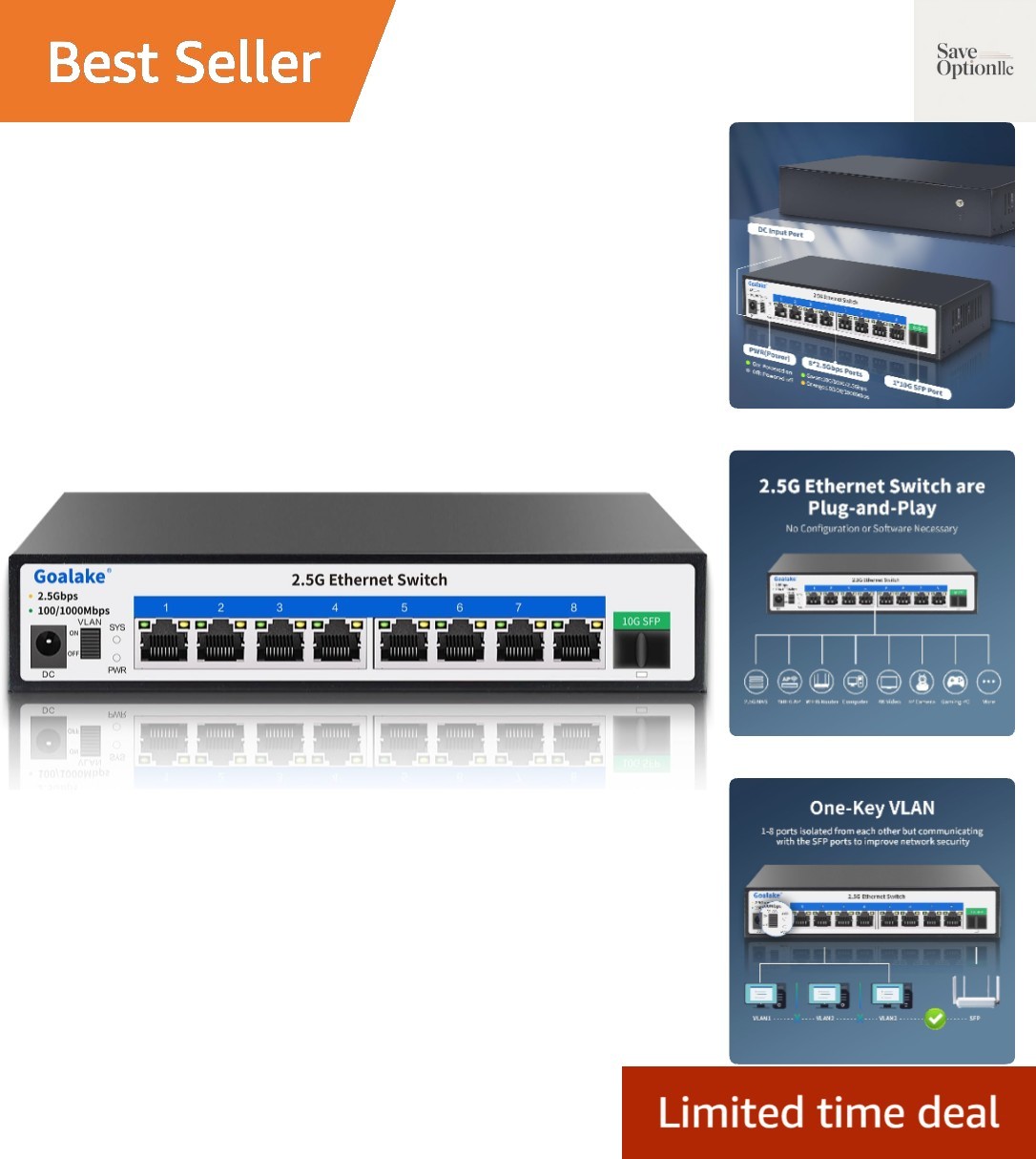 2.5G Switch, 9-Port Ethernet Switch, 8×2.5G RJ45 + 1×10G SFP Ports, 60Gbps Sw…