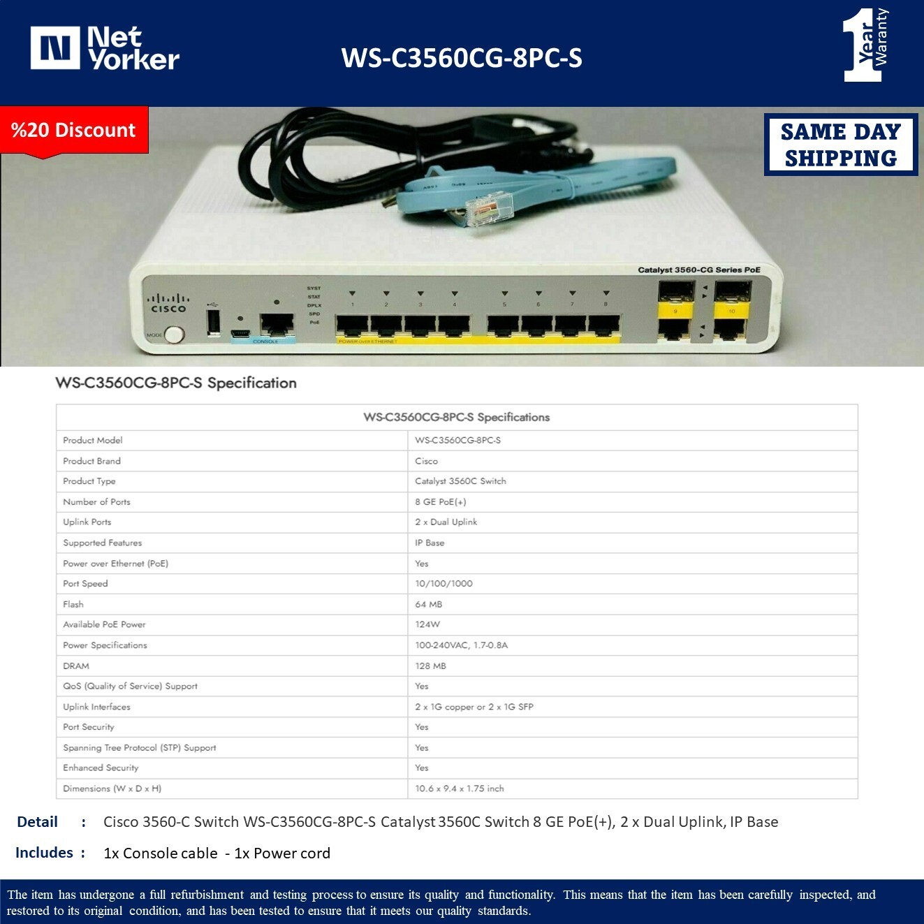 Cisco WS-C3560CG-8PC-S 8 Port PoE+ 3560CG IP Base Switch – Same Day Shipping
